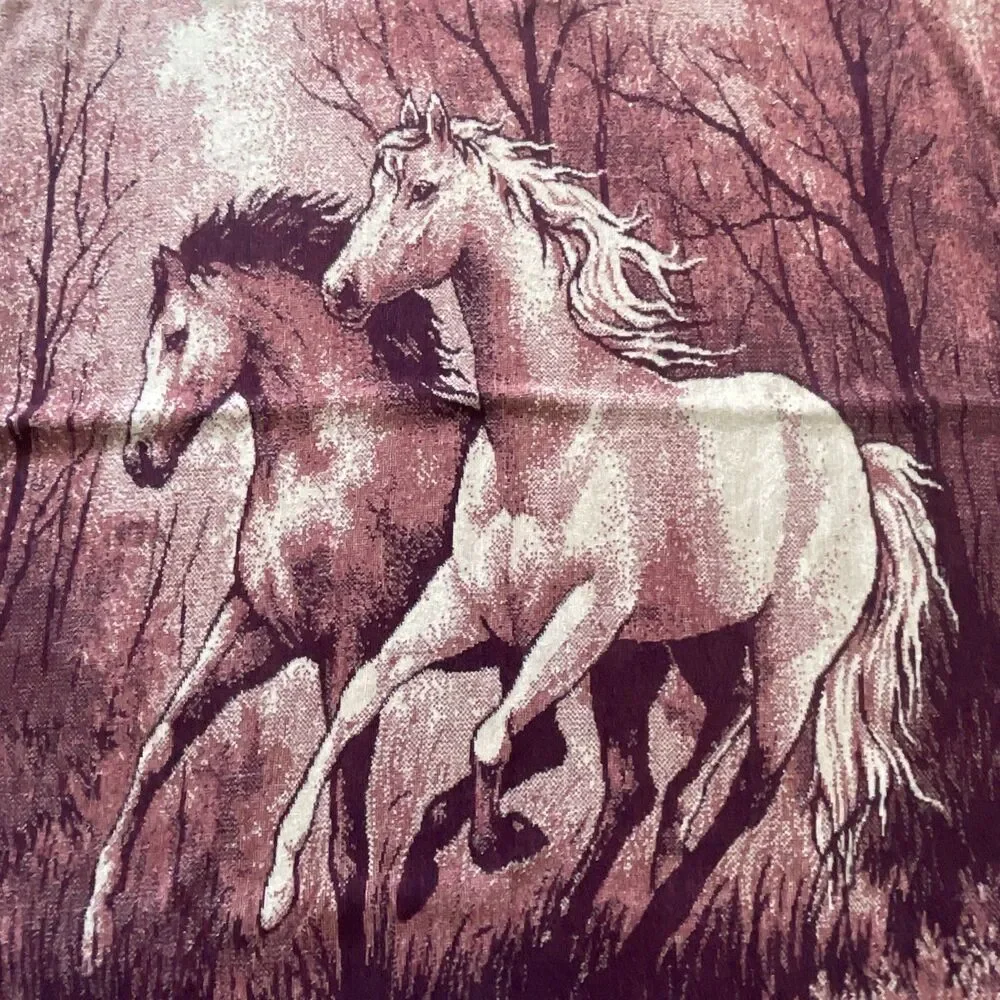 Vintage San Marcos Wild Horses Blanket Reversible Two Tone Burgundy Ivory 85x54